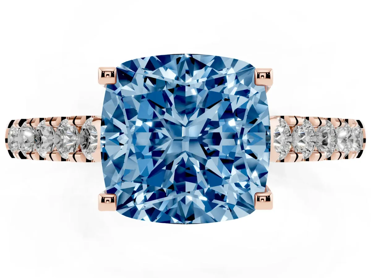 Fancy Blue Cushion Cut Diamond Pavé Band Solitaire Ring with Prong Setting Rose gold