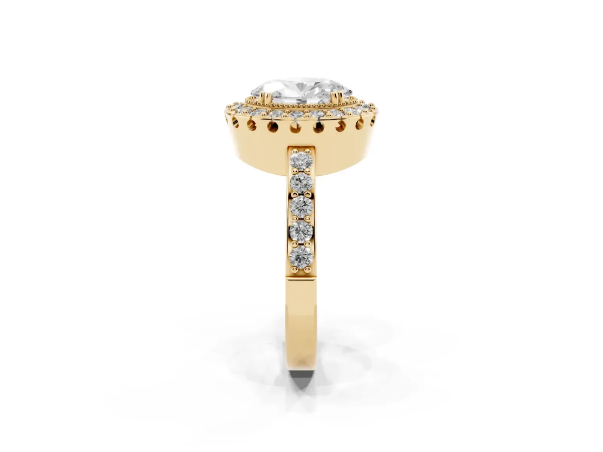 Oval Cut Diamond Halo Ring with Pavé Band and Prong Setting Yellow gold