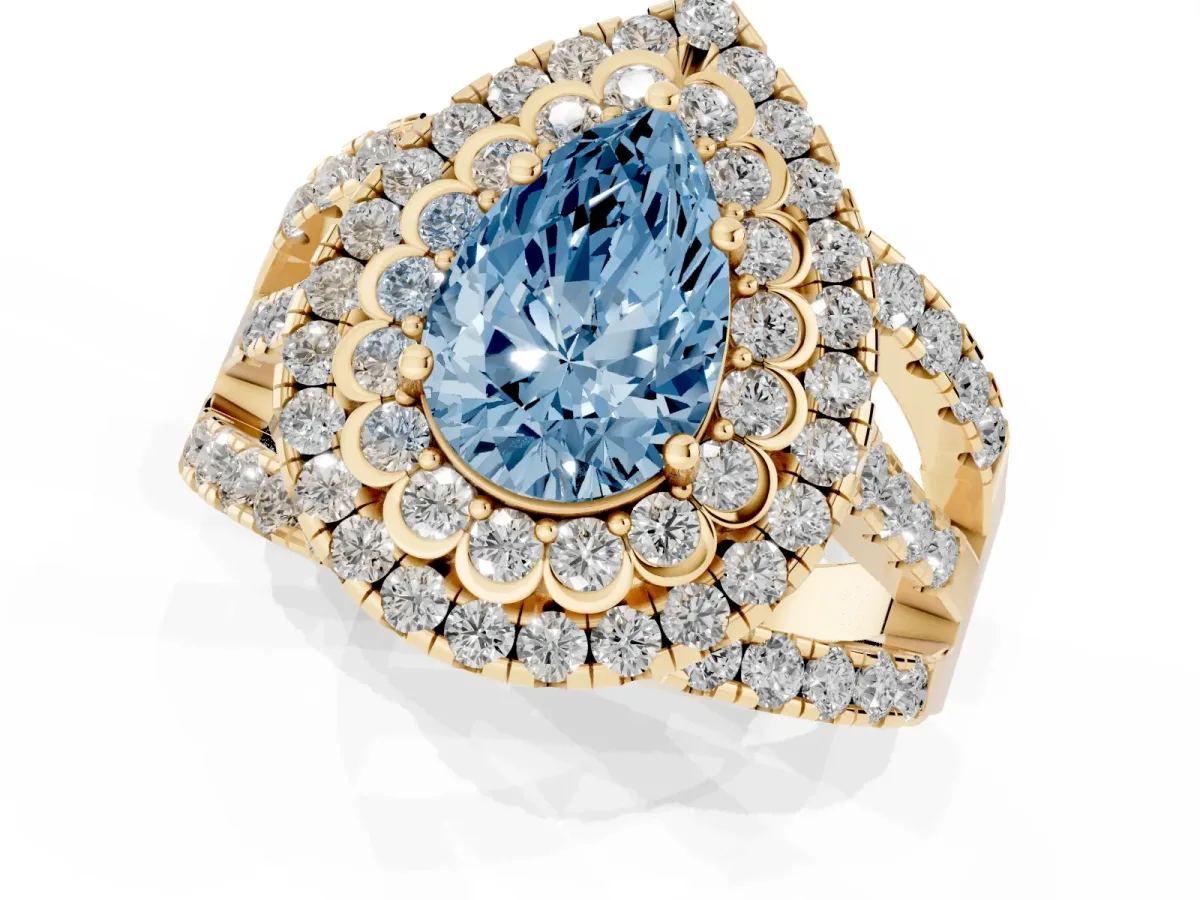 Fancy Blue Pear Cut Diamond Double Halo Ring with Round Pavé Split Shank and Prong Setting Yellow gold