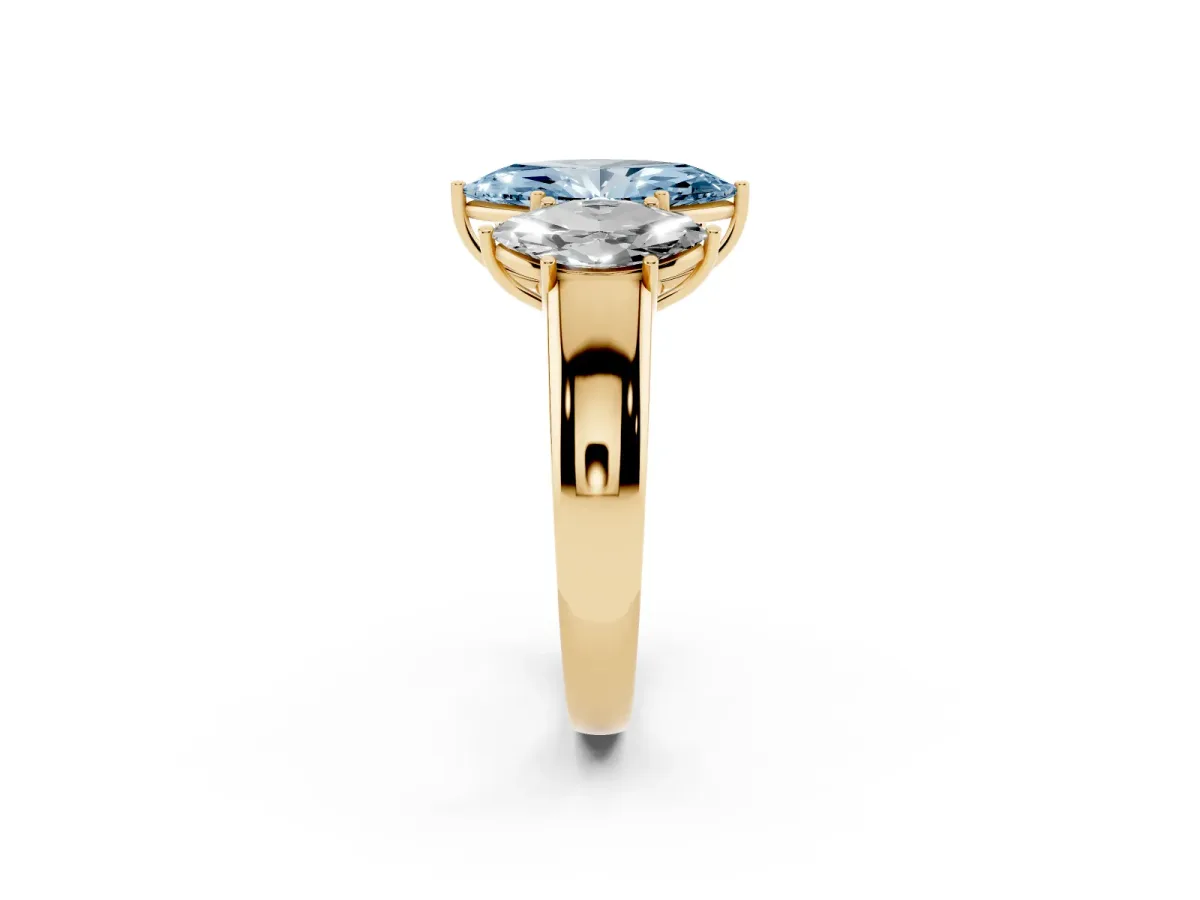 Fancy Blue Three-Stone Marquise Cut Cut Diamond Ring with Prong Setting and Classic Band Yellow gold