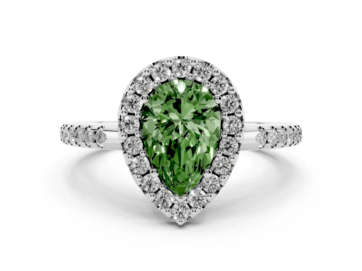 Fancy Green Pear Cut Diamond Pavé Halo Ring with Four-Prong Setting Platinum