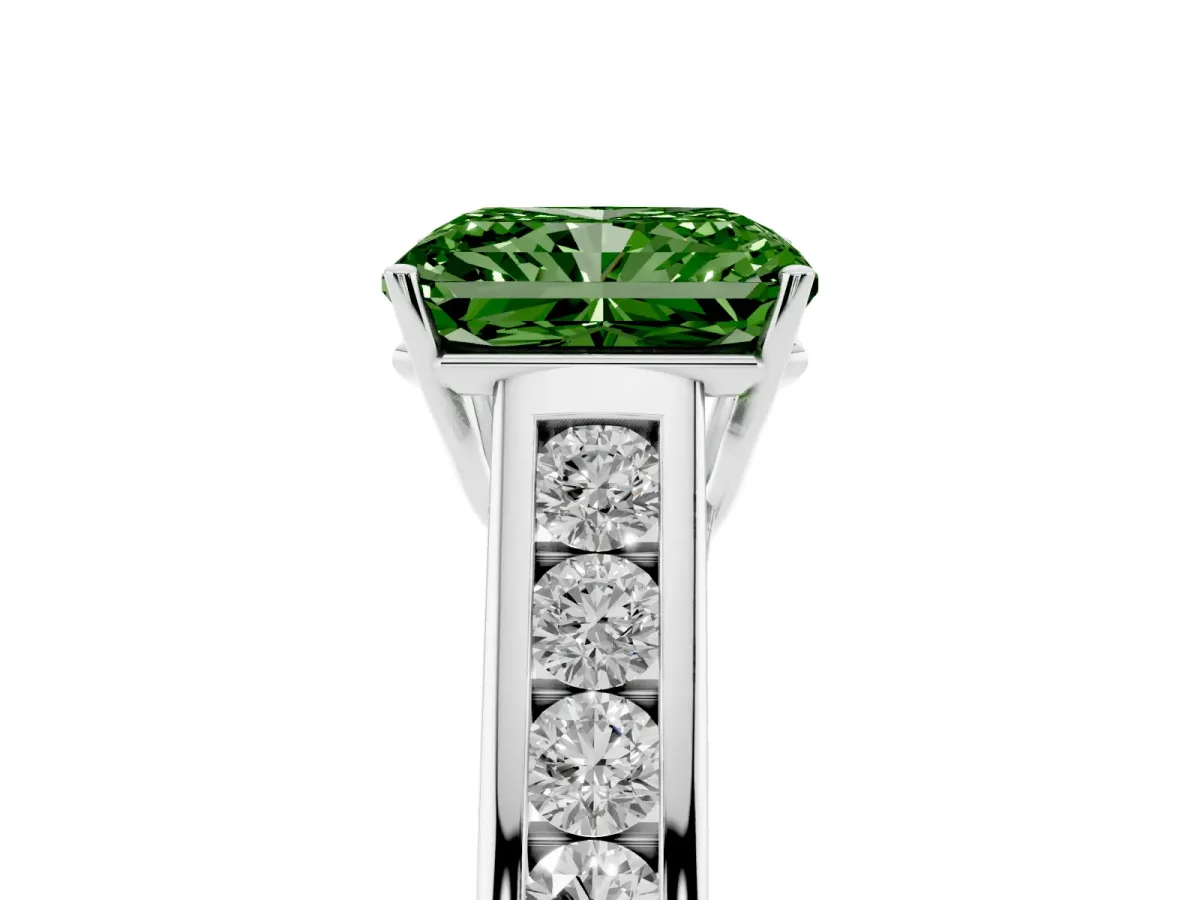Fancy Green Radiant Cut Brilliant Channel-Set Solitaire Ring with Four-Prong Setting Silver