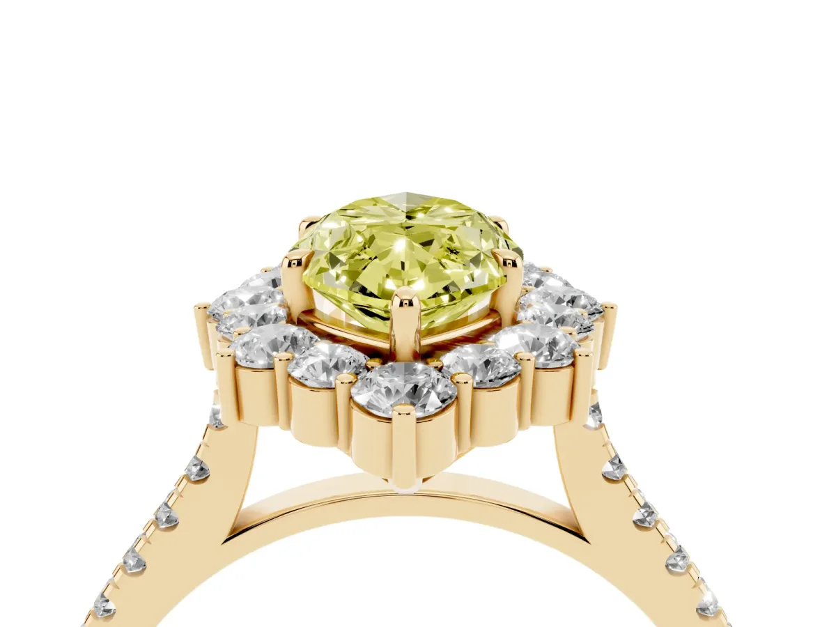 Fancy Yellow Marquise Cut Halo Diamond Ring with Pavé Band and Prong Setting Yellow gold