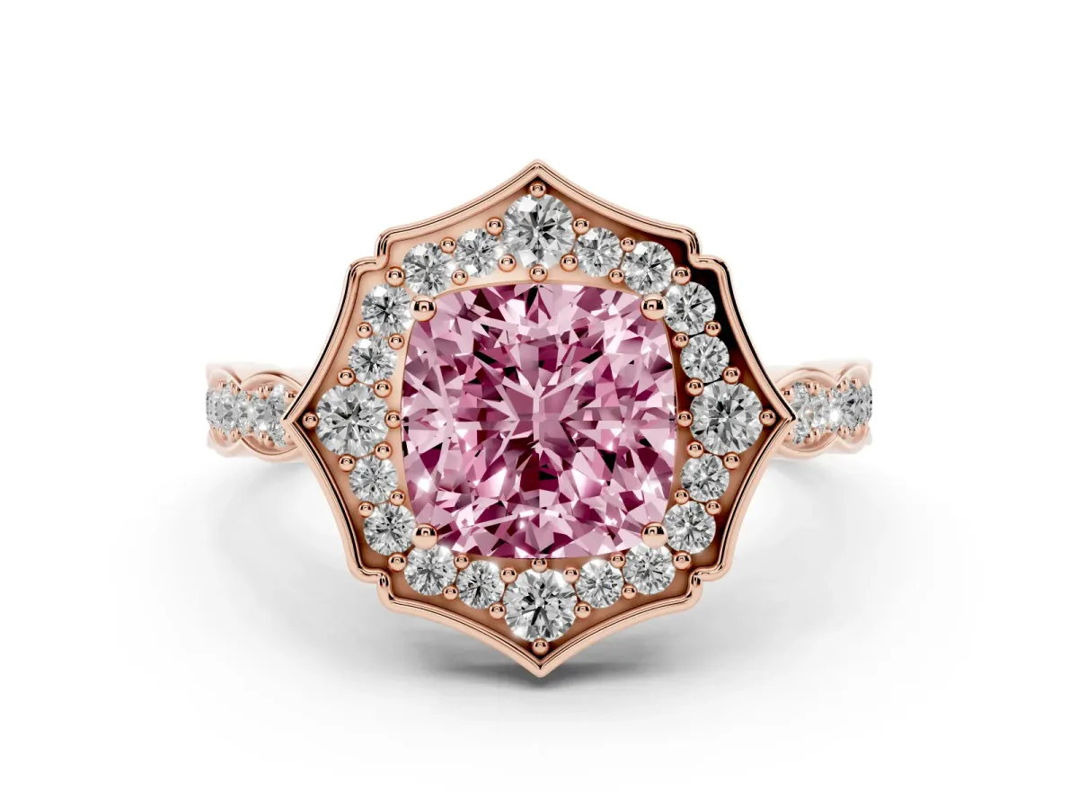 Fancy Pink Cushion Cut Halo Diamond Engagement Ring with Milgrain Band and Four-Prong Setting Rose gold
