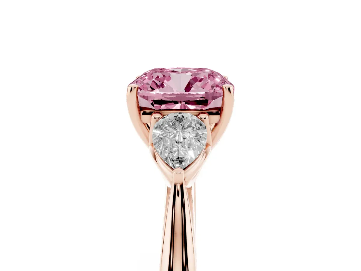 Fancy Pink Cushion Cut Diamond Three-Stone Ring with Pear Side Stones and Prong Setting Rose gold