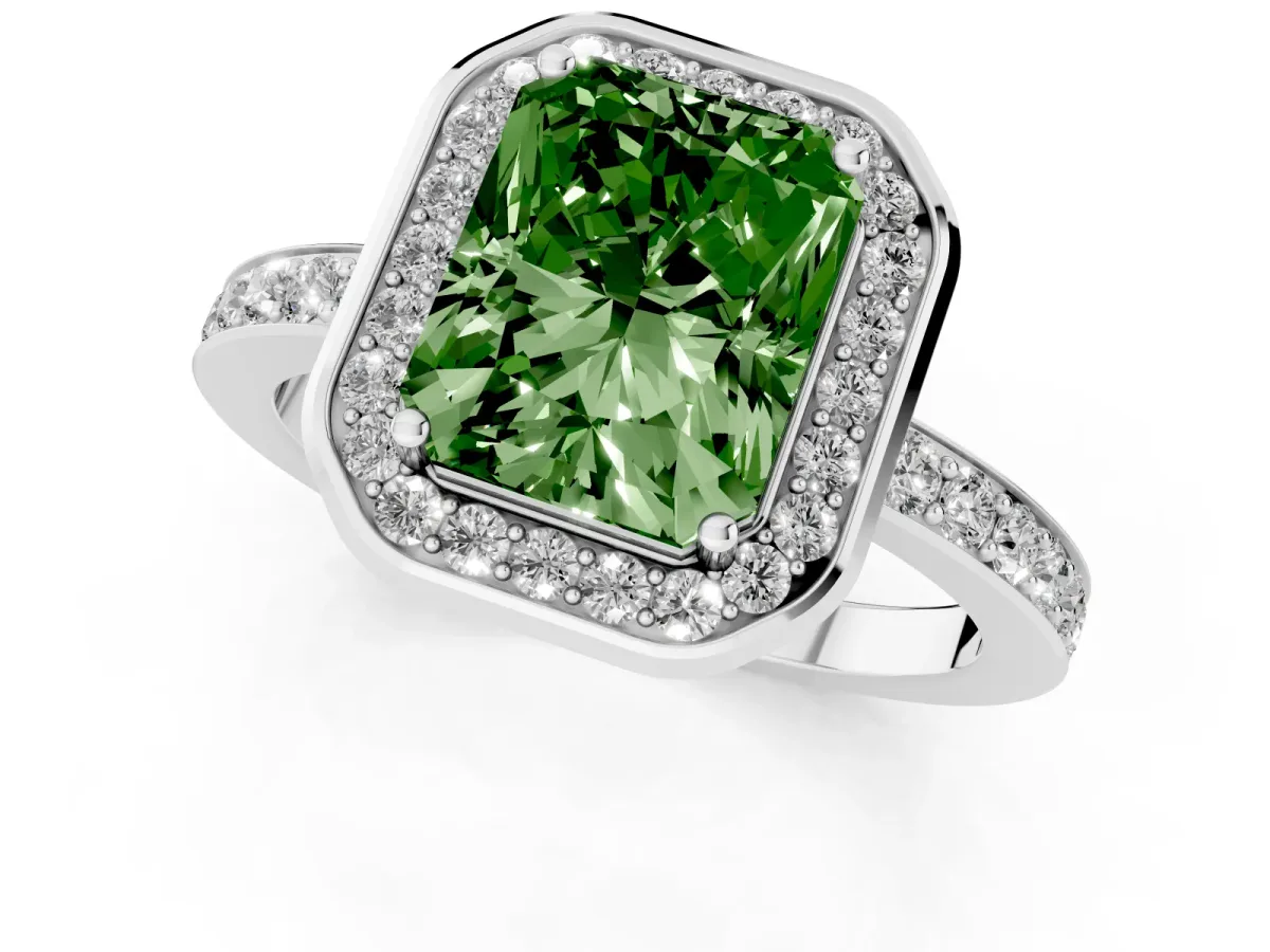 Fancy Green Radiant Cut Diamond Halo Ring with Bezel Frame and Pavé Band Platinum