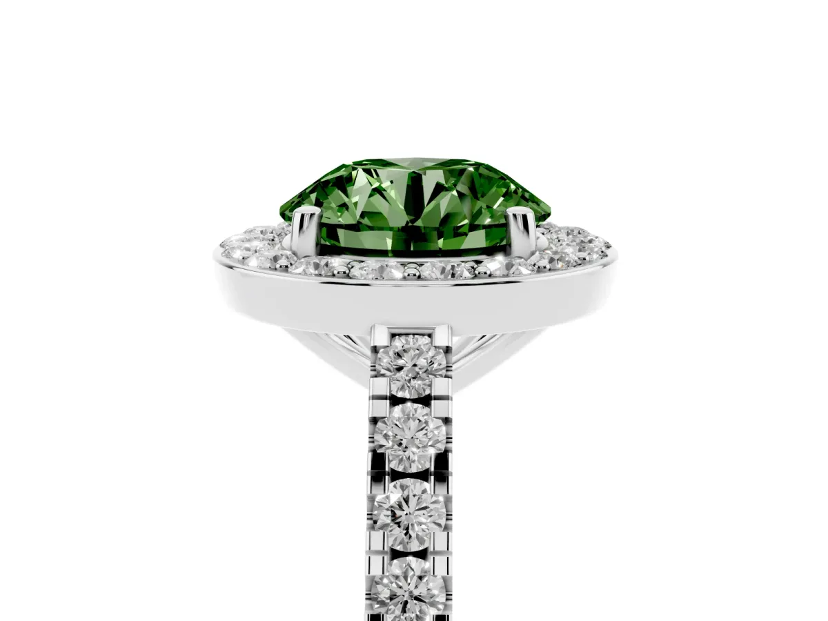 Fancy Green Round Cut Diamond Halo Ring with Round Pavé Split Shank and Prong Setting Silver