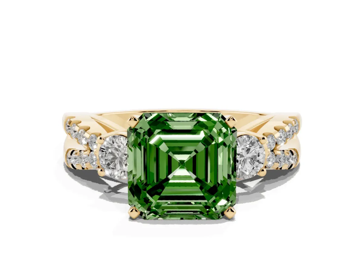 Fancy Green Asscher Cut Diamond Three-Stone Ring with Pavé Split Shank and Four-Prong Setting Yellow gold