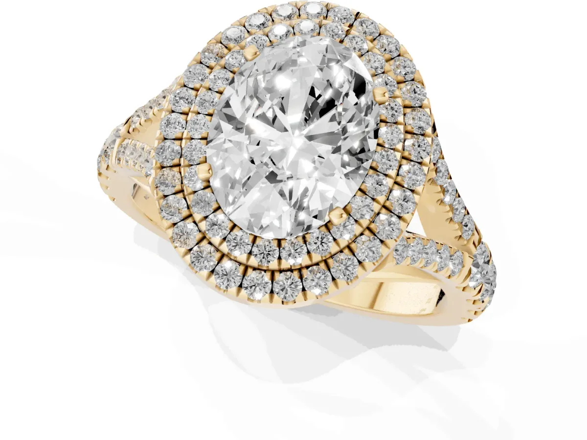 Oval Cut Diamond Pavé Split Shank Double Halo Engagement Ring Yellow gold