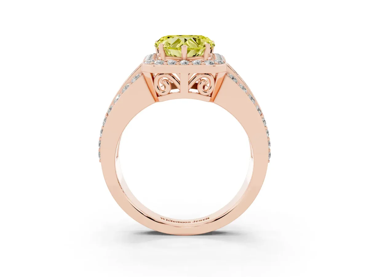 Fancy Yellow Heart Cut Halo Diamond Ring with Round Split Shank and Prong Setting Rose gold