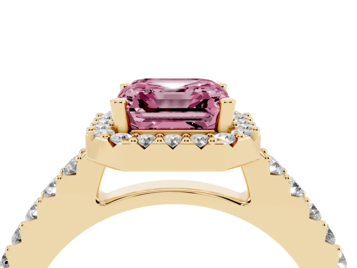 Fancy Pink Asscher Cut Halo Diamond Pavé Solitaire Ring Yellow gold