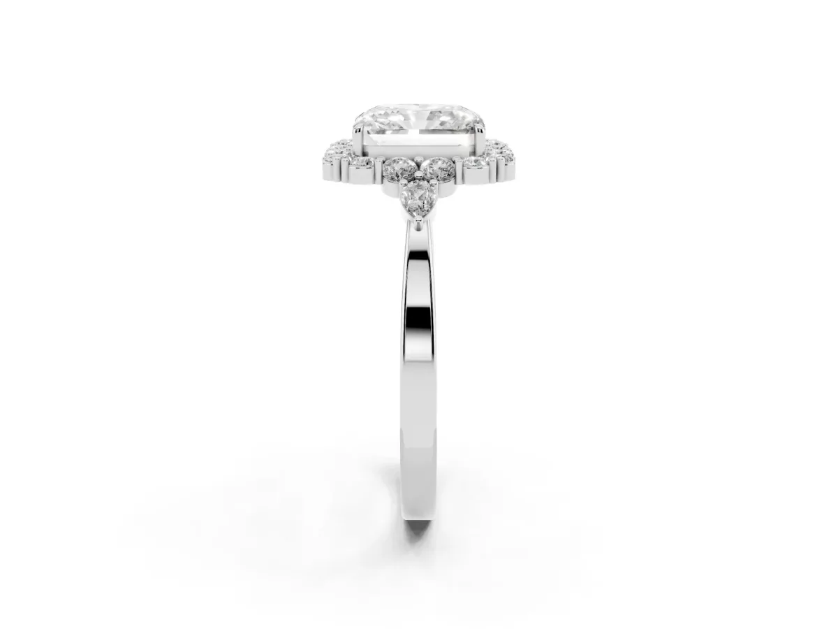 Radiant Cut Diamond Halo Ring with Pear Side Stones and Prong Setting Silver