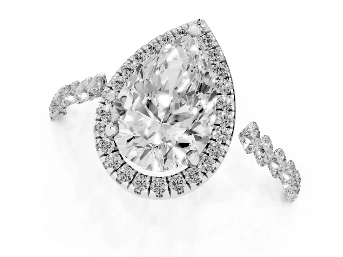 Pear Cut Halo Pavé Diamond Engagement Ring with Four-Prong Setting Silver