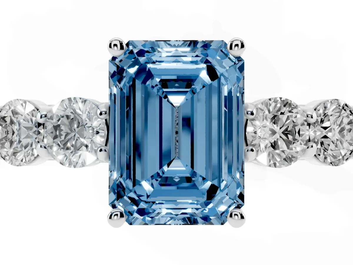 Fancy Blue Emerald Cut Cut Diamond Five-Stone Prong Set White Gold Ring Platinum