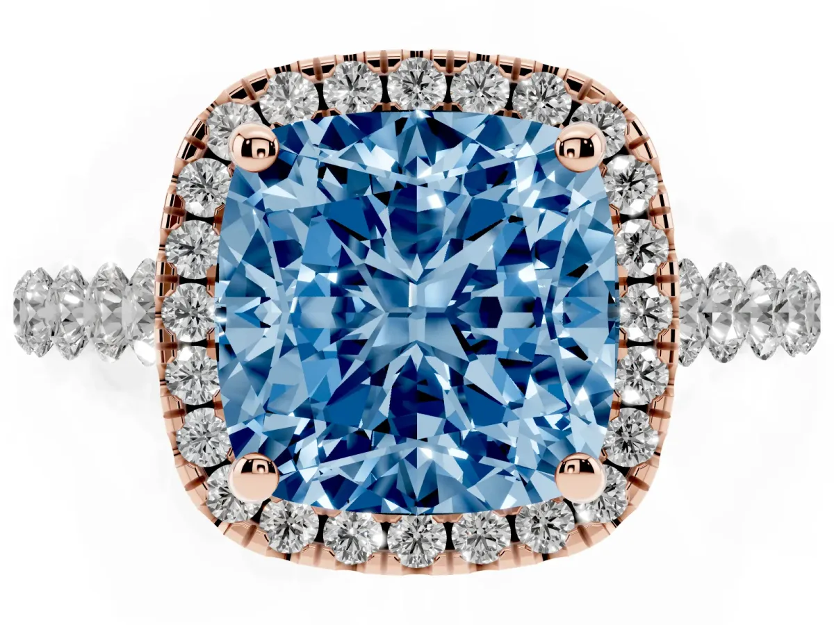 Fancy Blue Cushion Cut Halo Pavé Diamond Engagement Ring with Four-Prong Setting Rose gold