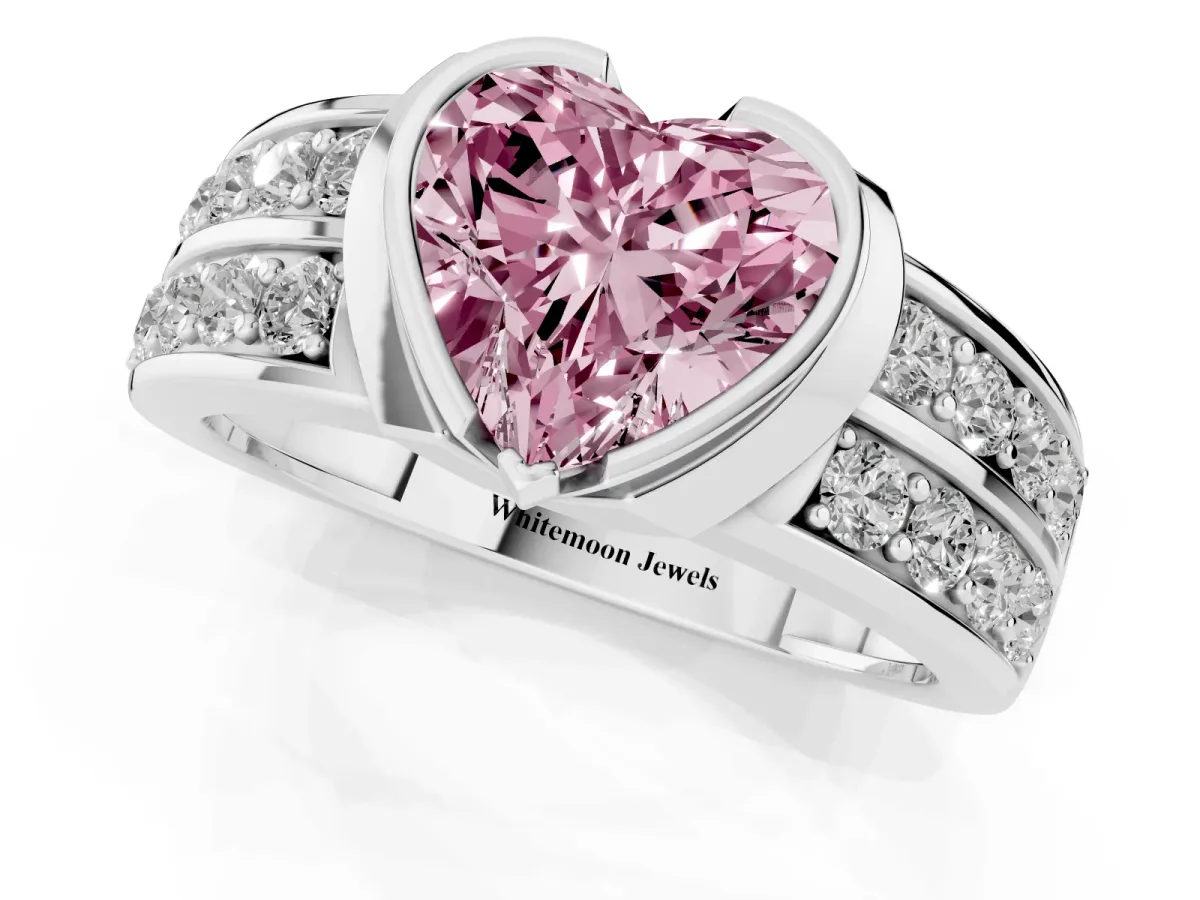 Fancy Pink Heart Cut Brilliant Diamond Channel Set Wide Band Ring with Bezel Setting Platinum