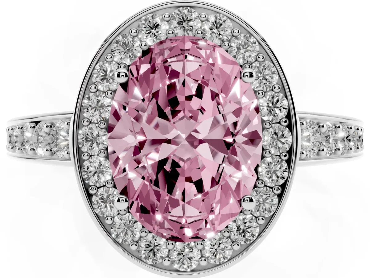Fancy Pink Oval Cut Halo Pavé Diamond Engagement Ring with Bezel Setting Silver
