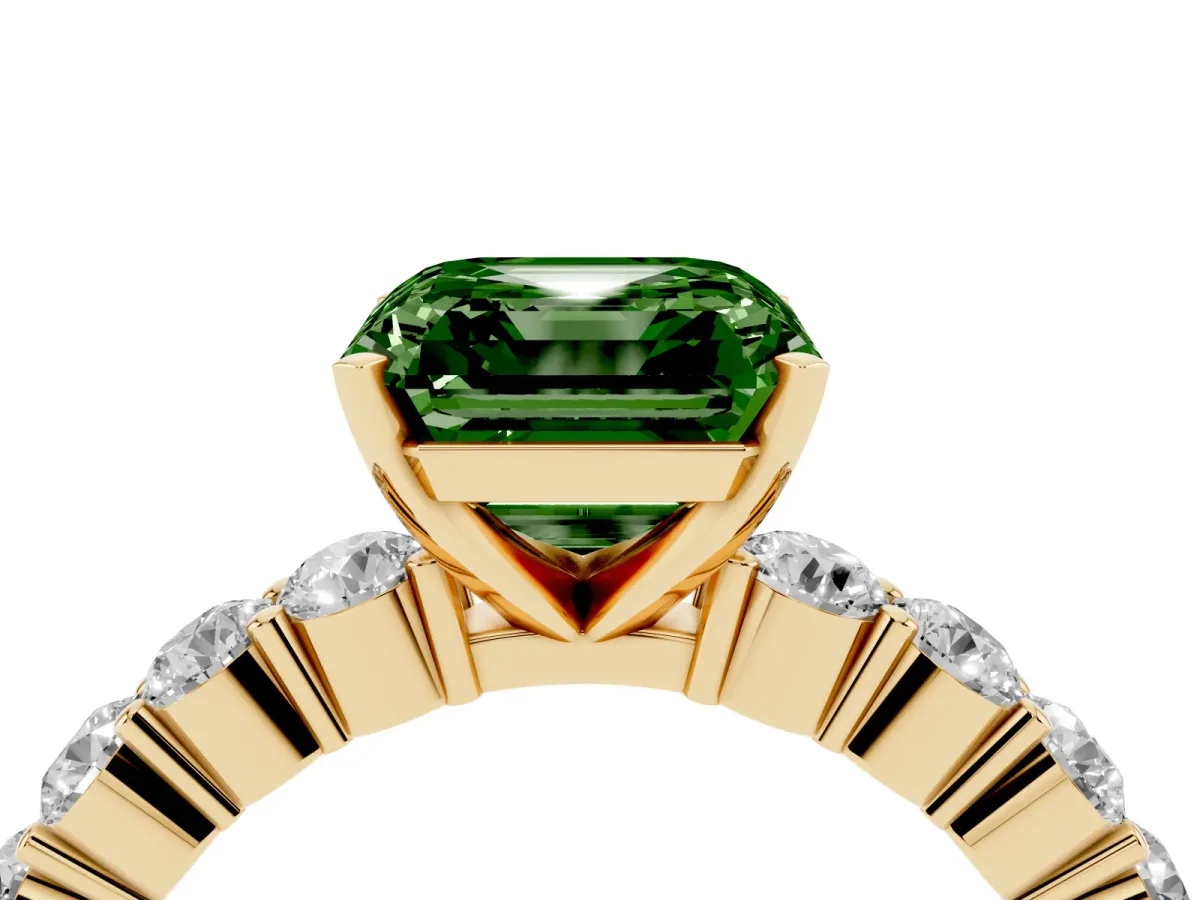 Fancy Green Asscher Cut Diamond Solitaire Ring with Shared Prong Round Side Stones Yellow gold