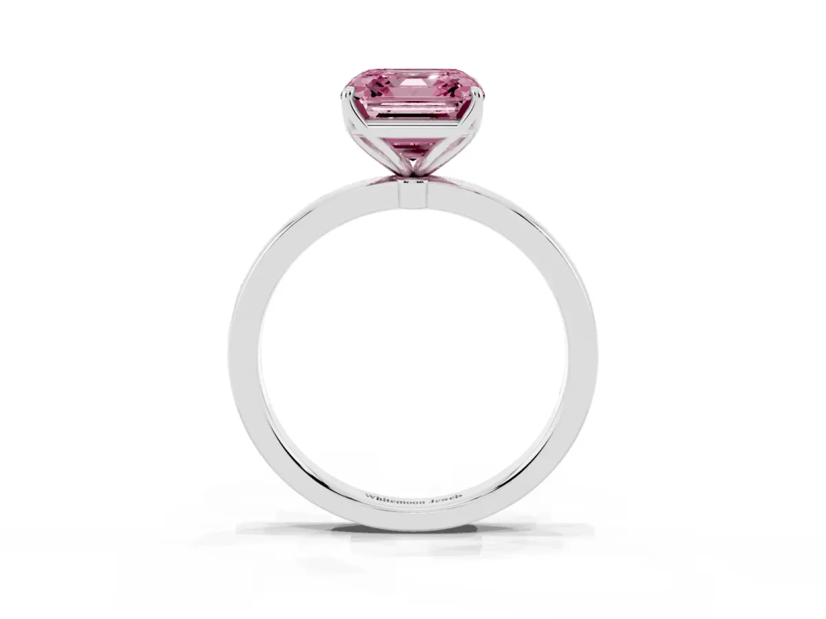 Fancy Pink Asscher Cut Diamond Solitaire Ring with Thin Band and Prong Setting Silver