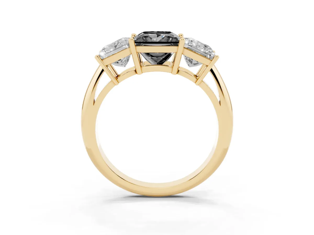 Fancy Black Three-Stone Princess Cut Cut Diamond Engagement Ring with Prong Setting on a White Gold Band Yellow gold
