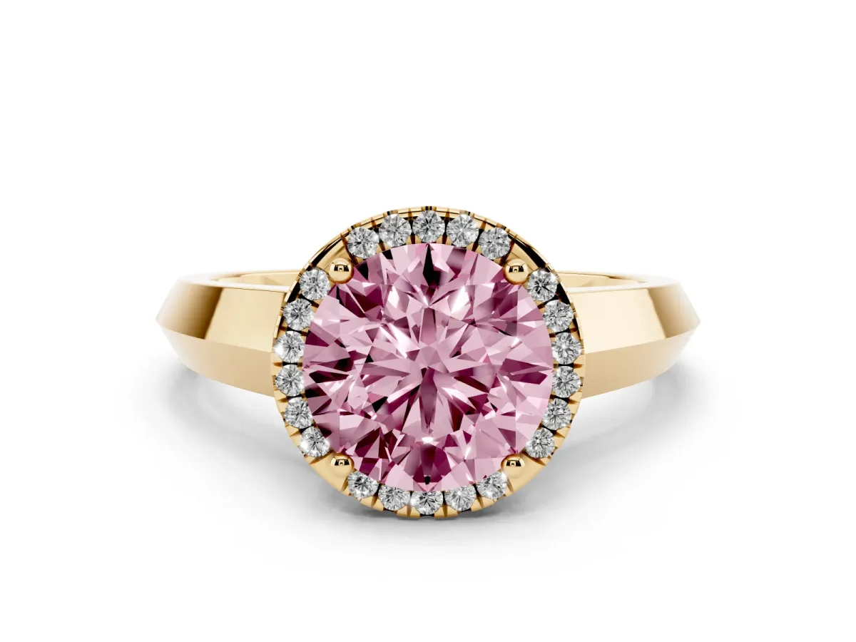 Fancy Pink Round Cut Halo Diamond Ring with Cathedral Band and Four-Prong Setting Yellow gold