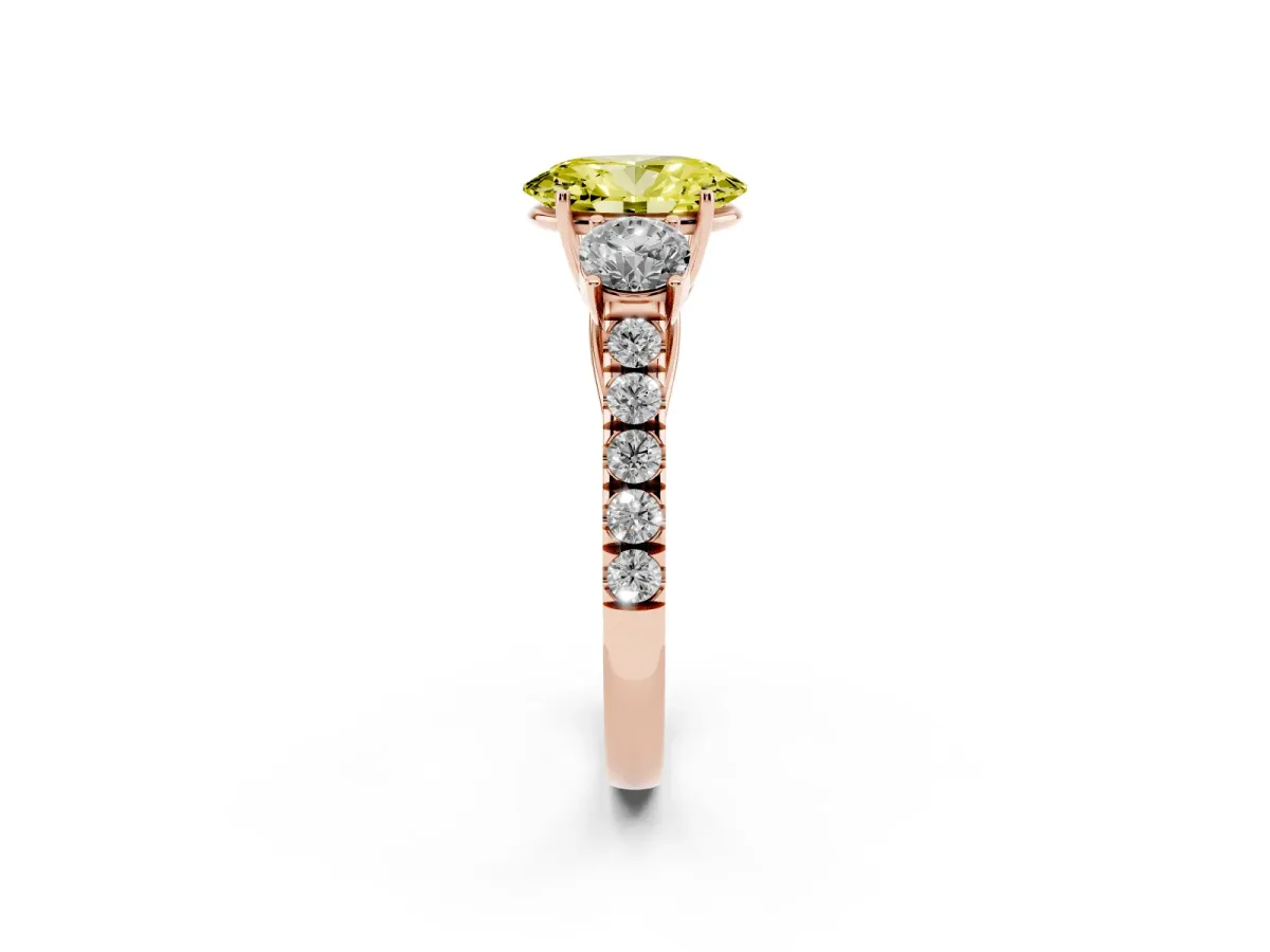 Fancy Yellow Oval Cut Cut Diamond Three-Stone Ring with Round Side Stones and Pavé Band Rose gold