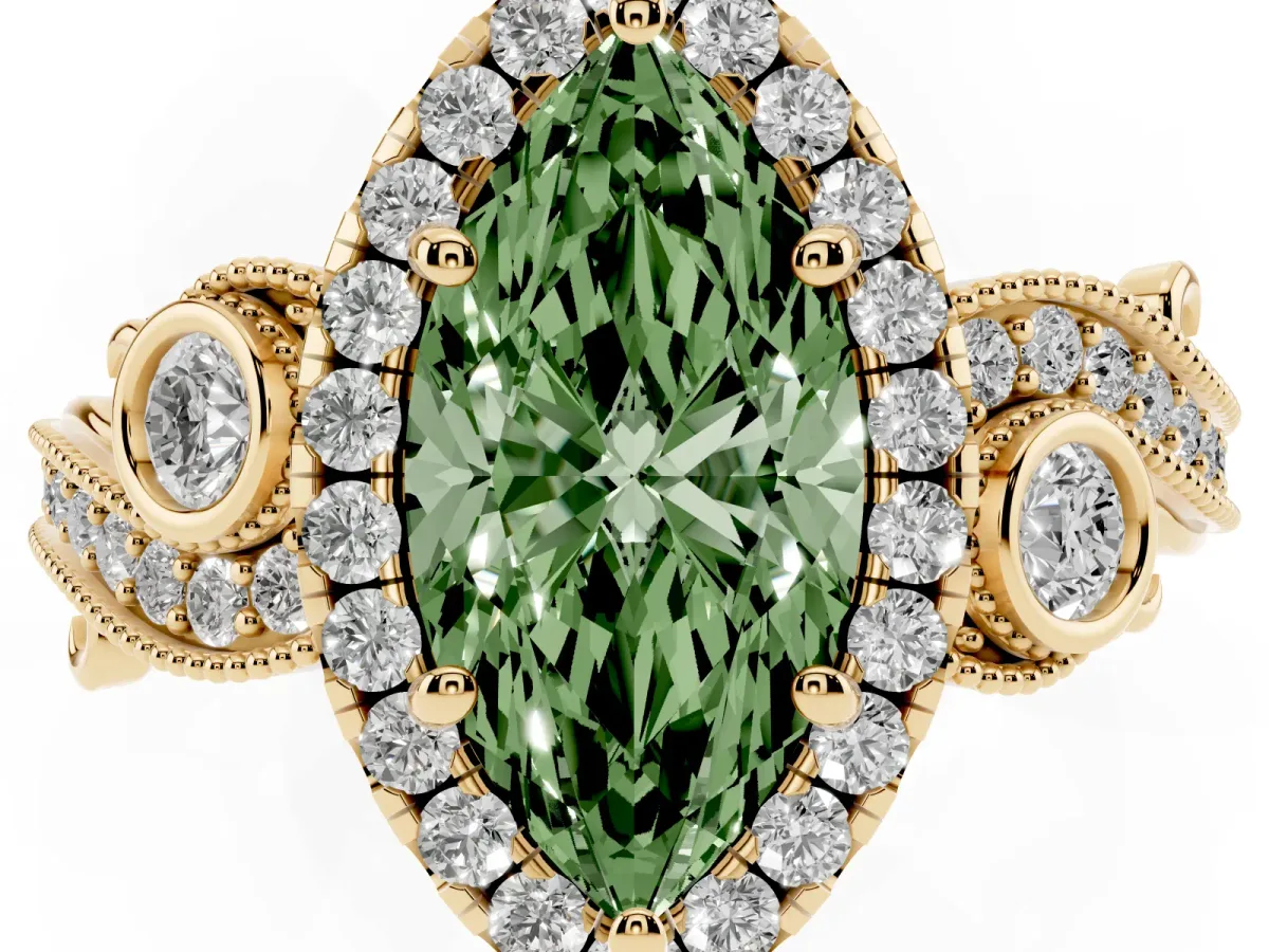 Fancy Green Marquise Cut Halo Diamond Ring with Milgrain and Bezel Accents on a Split Shank Band Yellow gold
