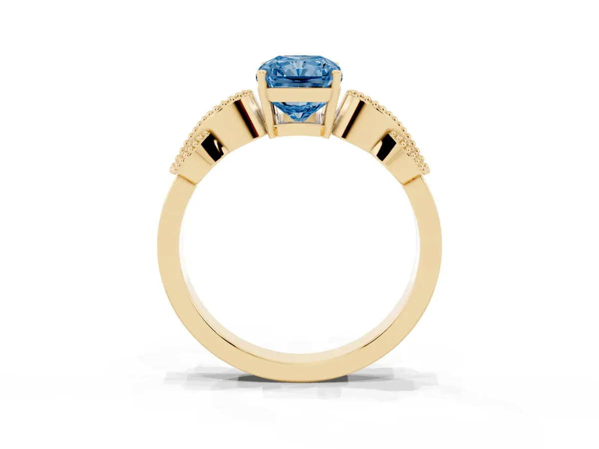 Fancy Blue Princess Cut Solitaire Milgrain Leaf Band with Prong Setting Yellow gold