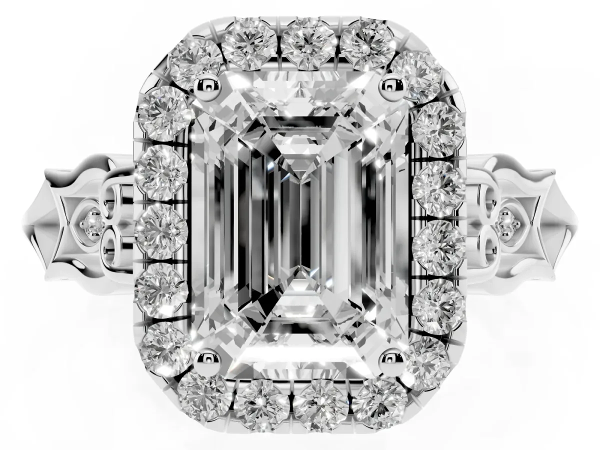 Emerald Cut Halo Diamond Engagement Ring with Filigree Band and Four-Prong Setting Platinum