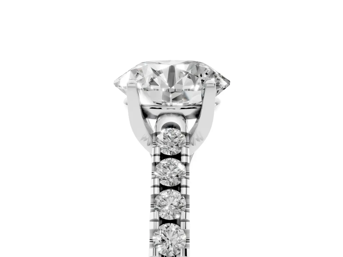 Round Cut Diamond Pavé Band Solitaire Ring with Prong Setting Silver