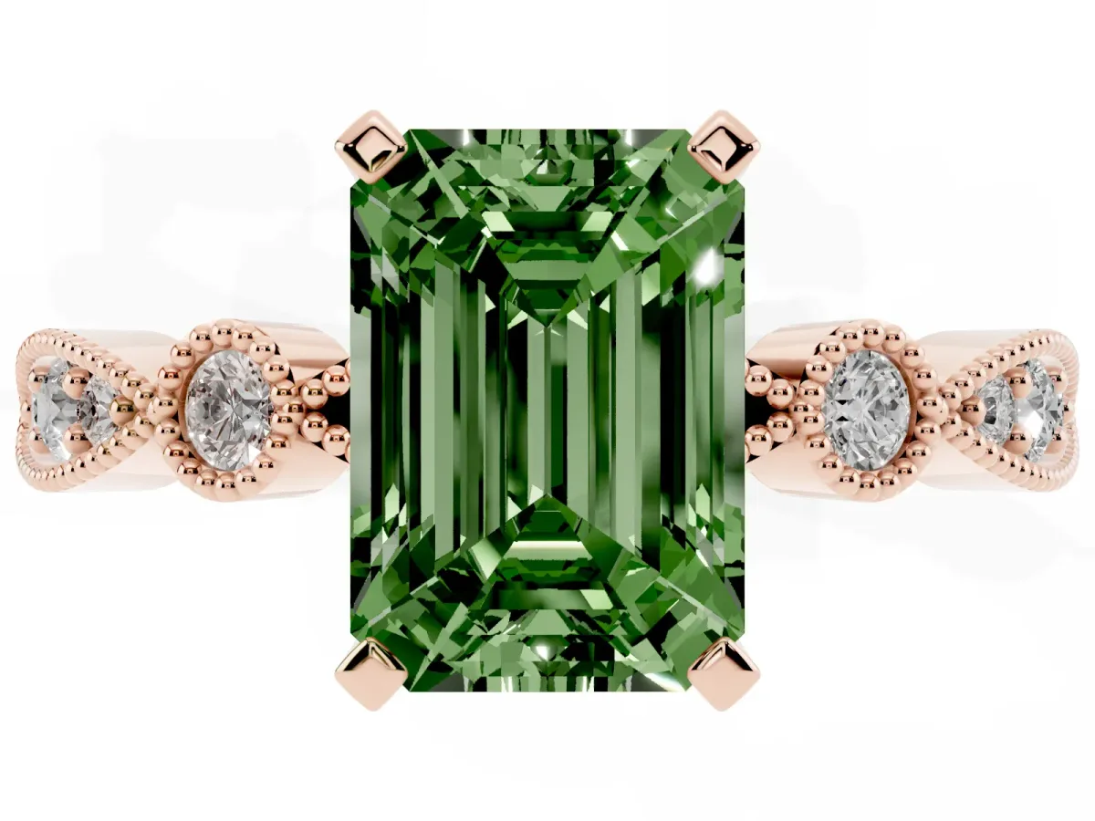 Fancy Green Emerald Cut Milgrain Bezel Diamond Engagement Ring with Solitaire Prong Setting Rose gold