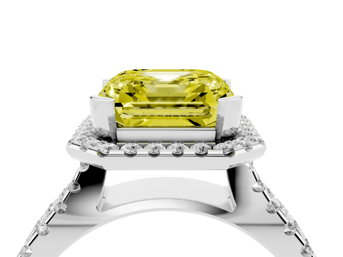 Fancy Yellow Asscher Cut Diamond Halo Ring with Split Shank Pavé Band and Prong Setting Silver