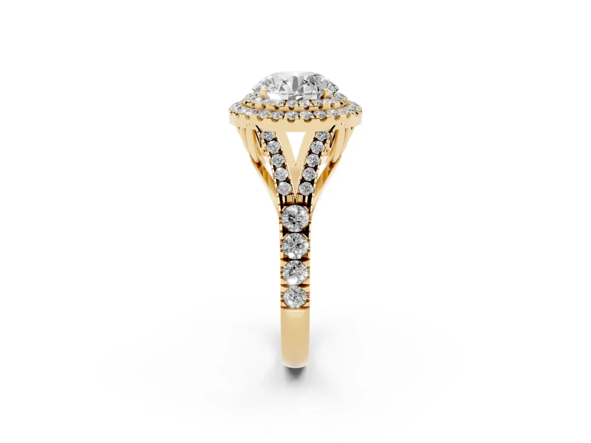 Round Cut Cut Double Halo Split Shank Diamond Ring with Prong Setting Yellow gold
