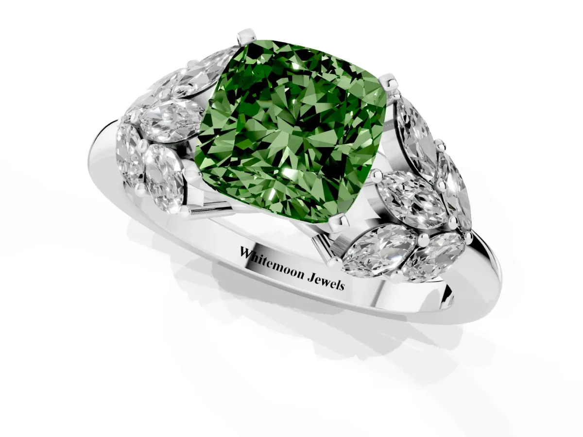 Fancy Green Cushion Cut Diamond Cluster Leaf Design Ring with Prong Setting Platinum