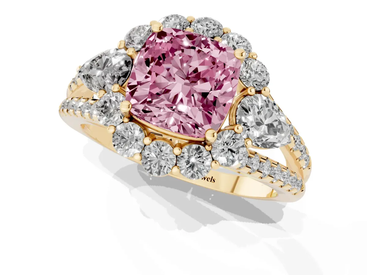 Fancy Pink Cushion Cut Halo Split Shank Diamond Engagement Ring with Prong Setting Yellow gold