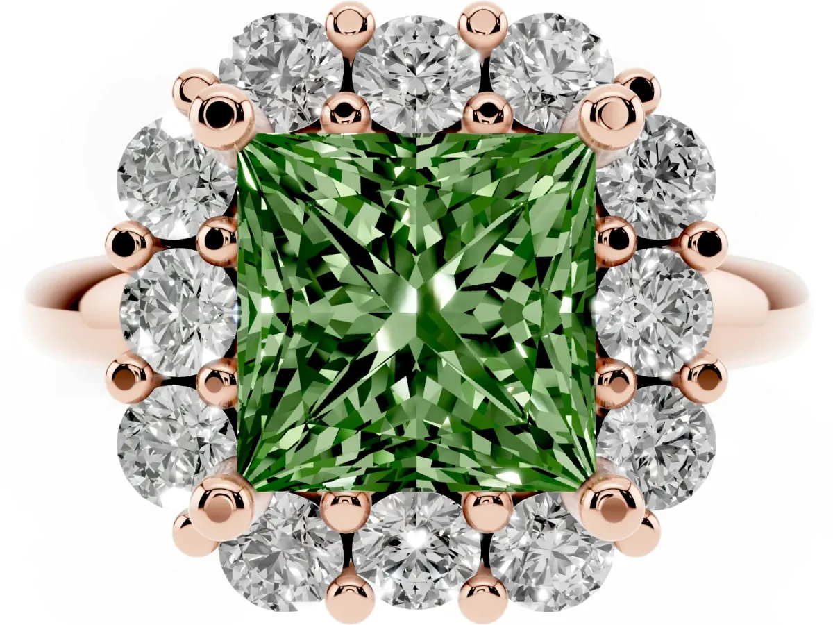 Fancy Green Princess Cut Halo Cluster Diamond Engagement Ring with Prong Setting and Polished Band Rose gold