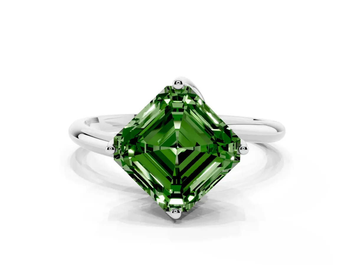Fancy Green Asscher Cut Diamond Solitaire Engagement Ring with Four-Prong Setting and Classic Band Silver