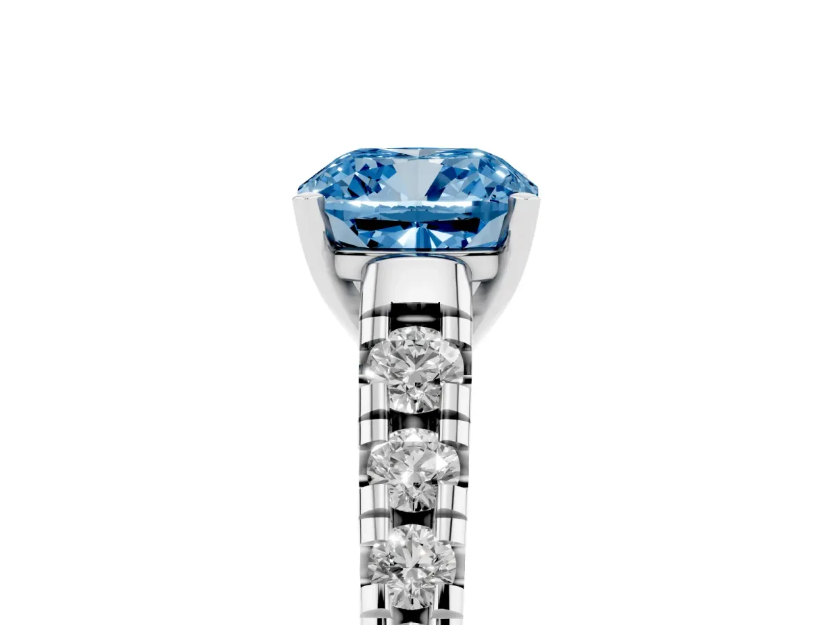 Fancy Blue Cushion Cut Diamond Cathedral Solitaire Ring with Round Pavé Band Silver