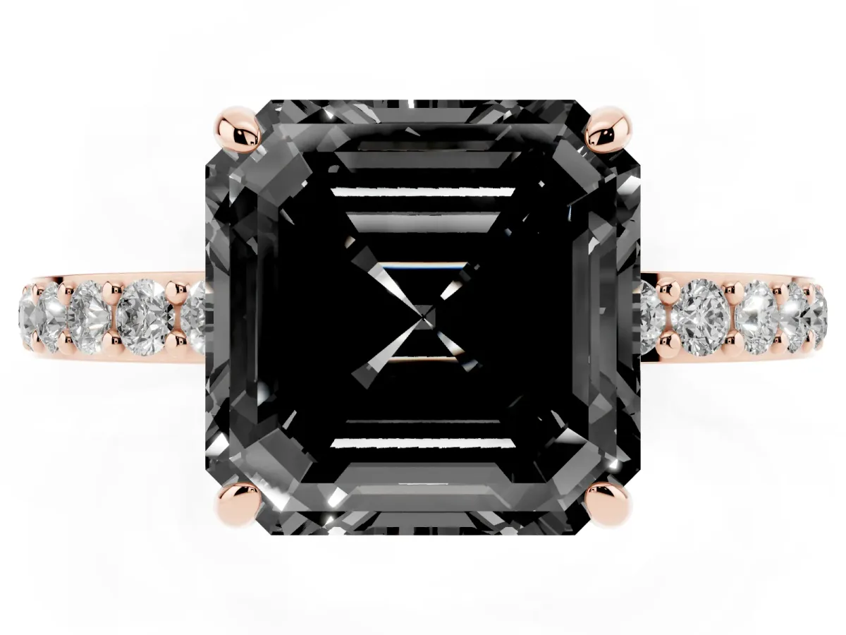 Fancy Black Asscher Cut Diamond Solitaire Engagement Ring with Pavé Band and Four-Prong Setting Rose gold