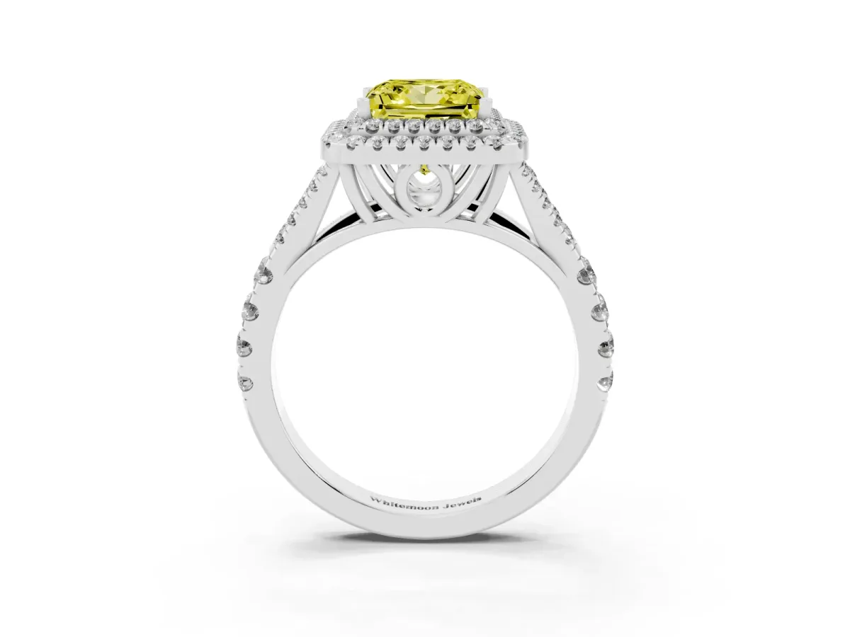 Fancy Yellow Double Halo Princess Cut Diamond Split Shank Engagement Ring with Four-Prong Setting Silver