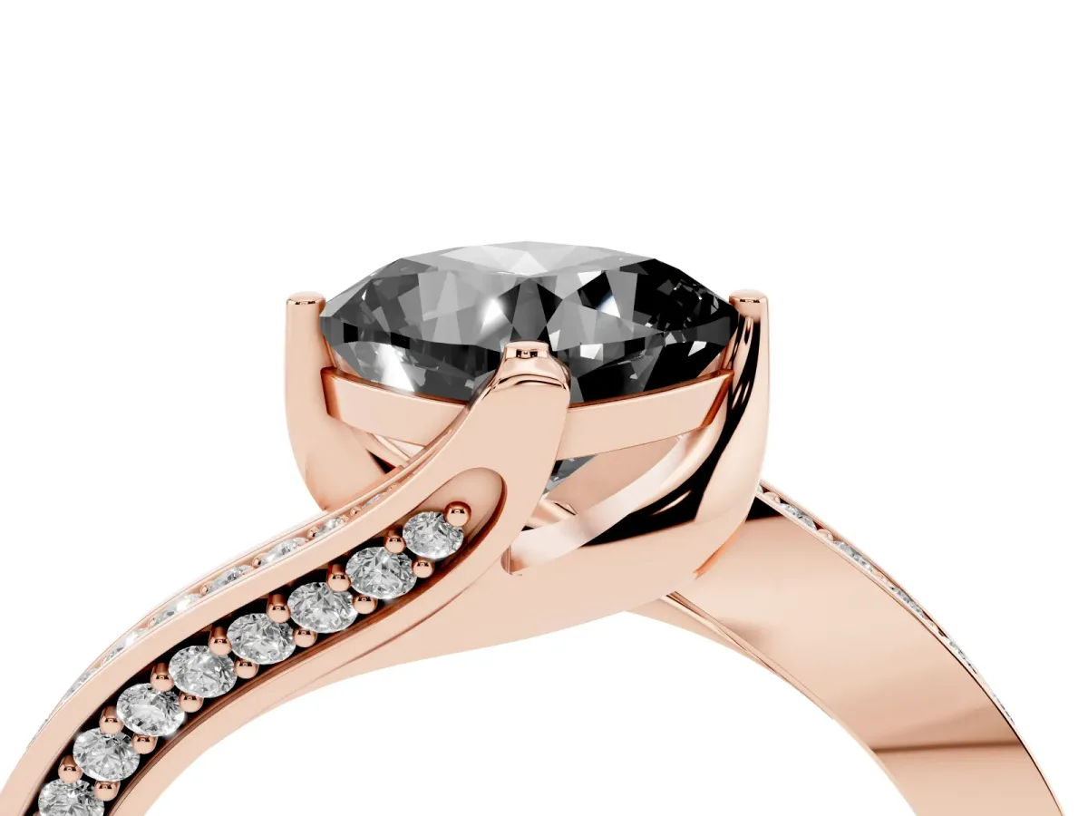 Fancy Black Cushion Cut Solitaire Diamond Twist Band with Pavé Setting and Four-Prong Setting Rose gold