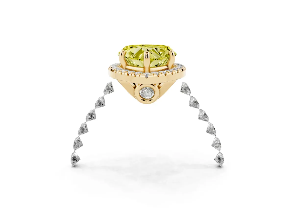Fancy Yellow Heart Cut Halo Pavé Diamond Engagement Ring with Four-Prong Setting Yellow gold