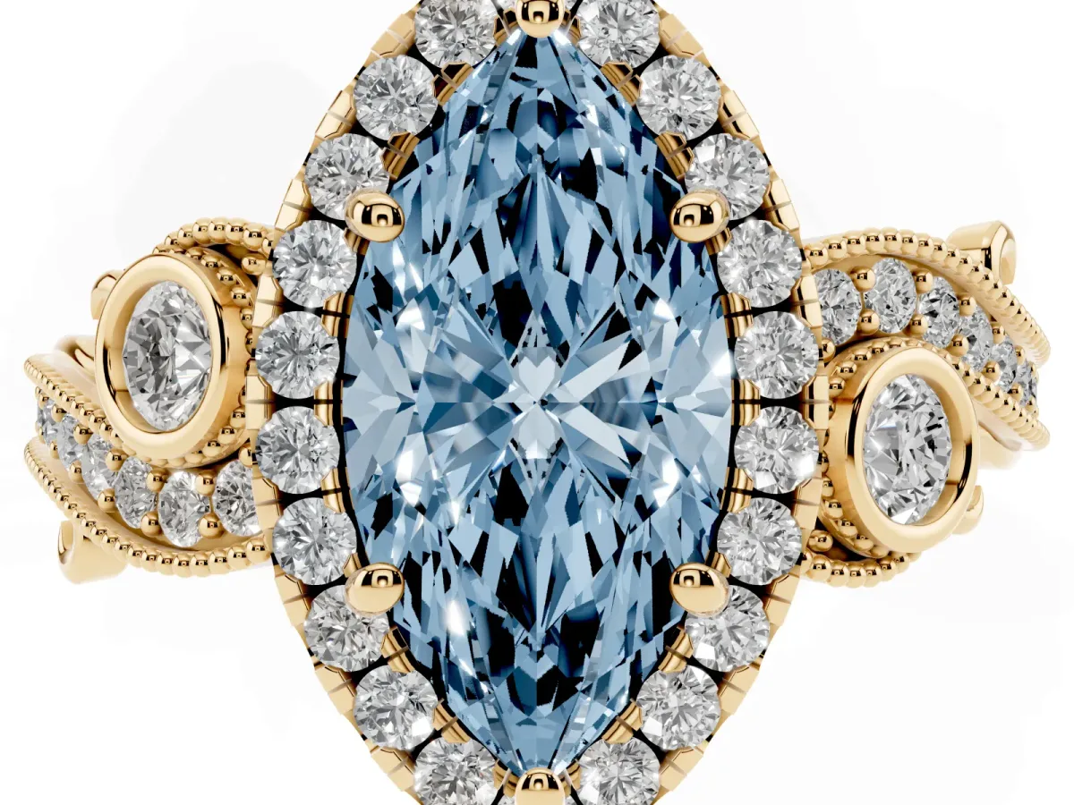Fancy Blue Marquise Cut Diamond Halo Ring with Milgrain Pavé Band and Four-Prong Setting Yellow gold
