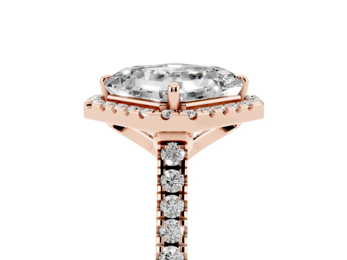 Asscher Cut Diamond Cushion Halo Ring with Pavé Band Rose gold