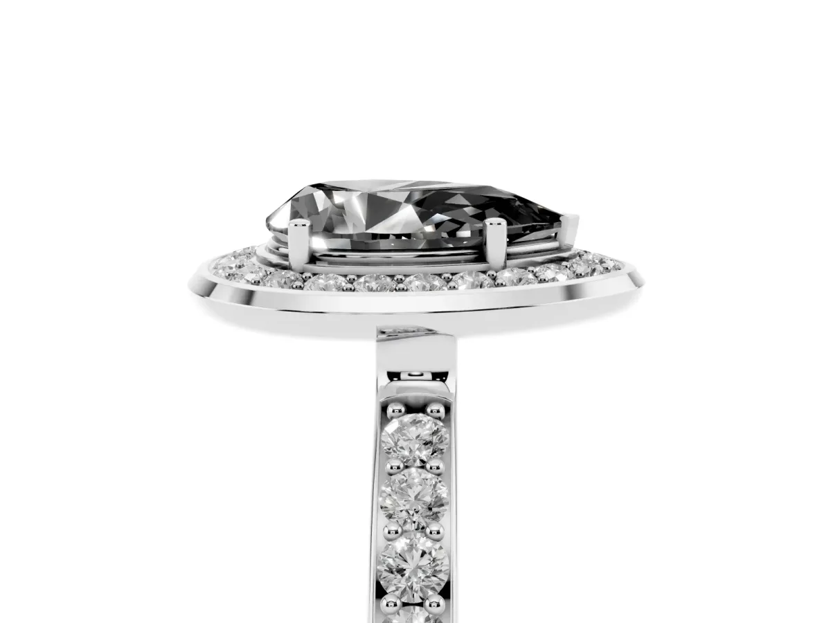 Fancy Black Pear Cut Diamond Halo Ring with Bezel Frame and Pavé Band Silver