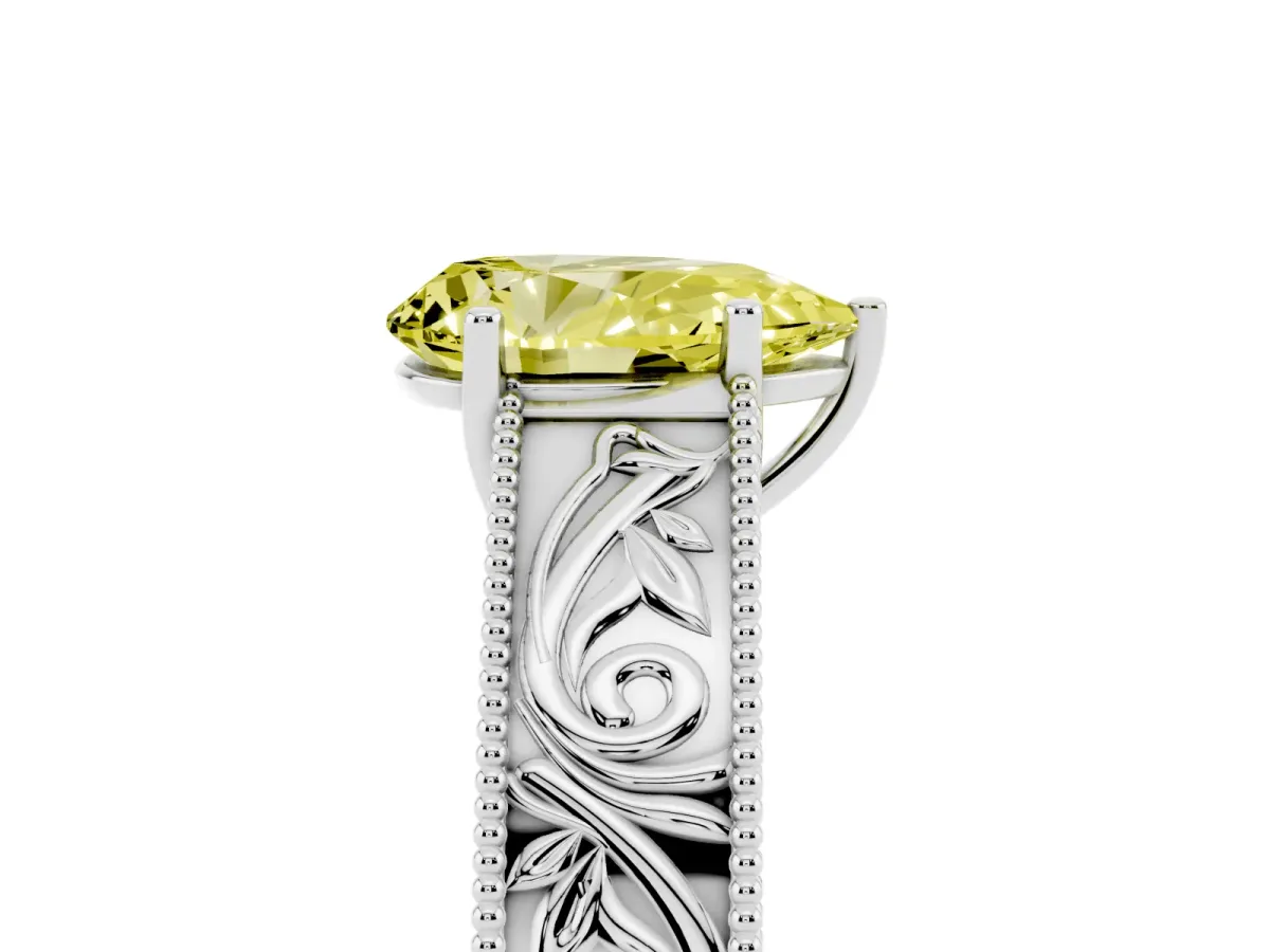 Fancy Yellow Pear Cut Diamond Solitaire Ring with Engraved Band and Four-Prong Setting Silver