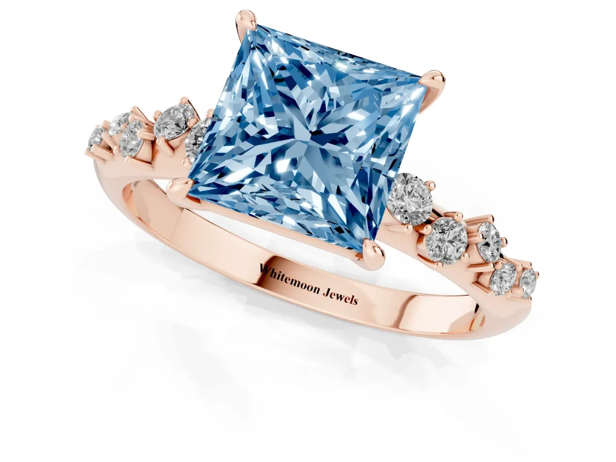 Fancy Blue Princess Cut Diamond Cluster Side Stone Solitaire Ring with Prong Setting Rose gold