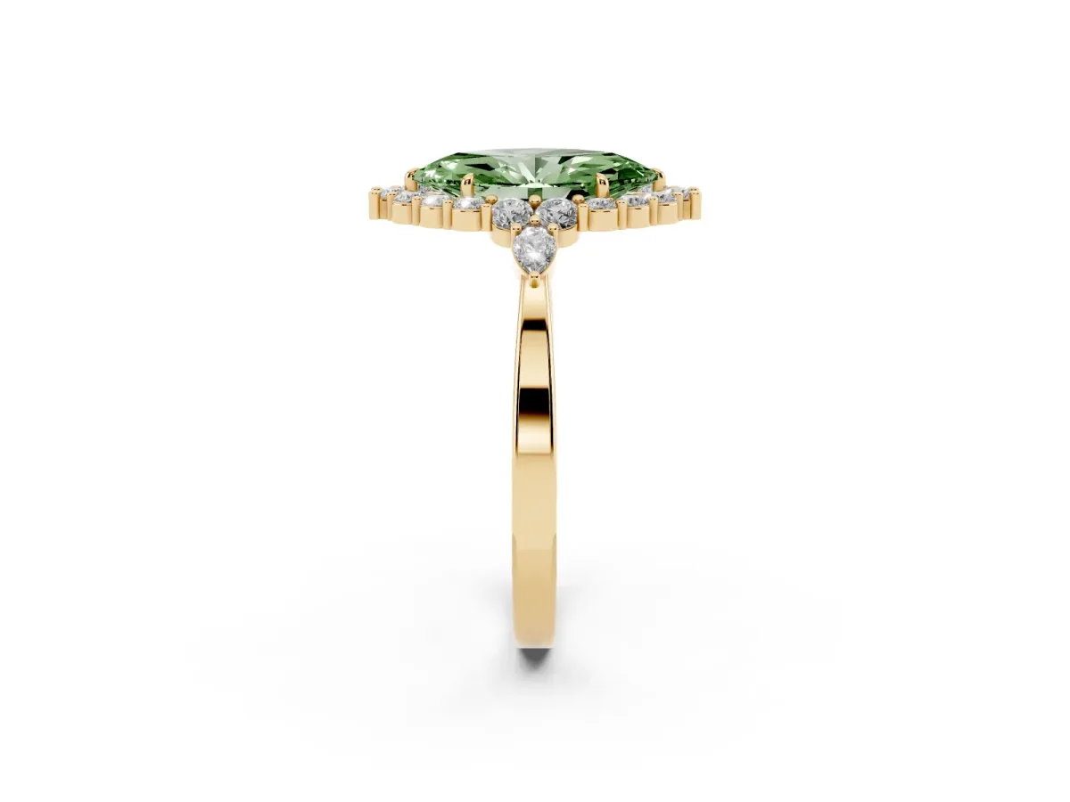 Fancy Green Marquise Cut Diamond Halo Ring with Pear Side Stones and Prong Setting Yellow gold