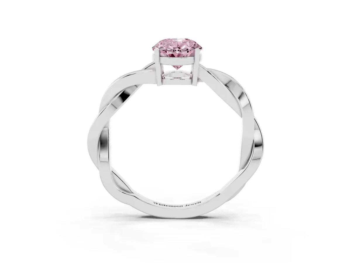 Fancy Pink Oval Cut Solitaire Twisted Pave Diamond Ring with Four-Prong Setting White gold