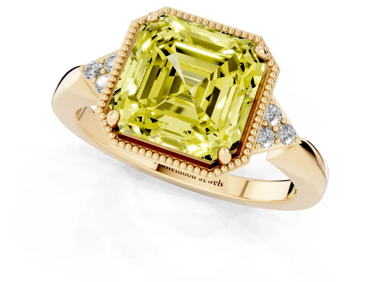 Fancy Yellow Milgrain Asscher Cut Cut Diamond Ring with Tapered Pave Band and Four Prong Setting Yellow gold